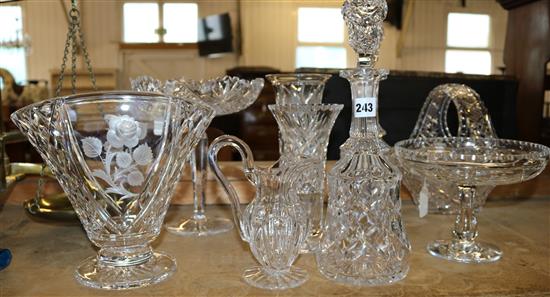 Pair of cut glass bell-shaped decanters and stoppers and 7 other cut glass items